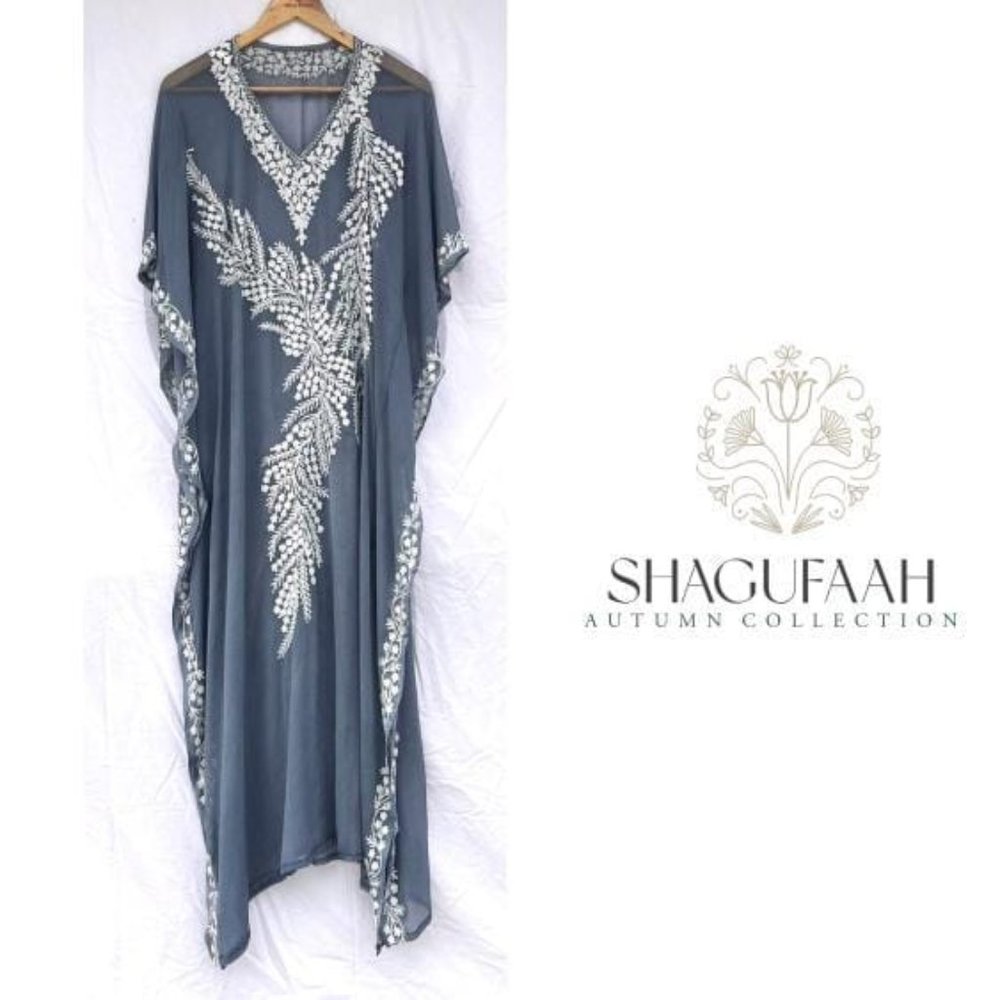 Embroidered Kaftan Beach Cover up long gray white embroidery 52” long XL